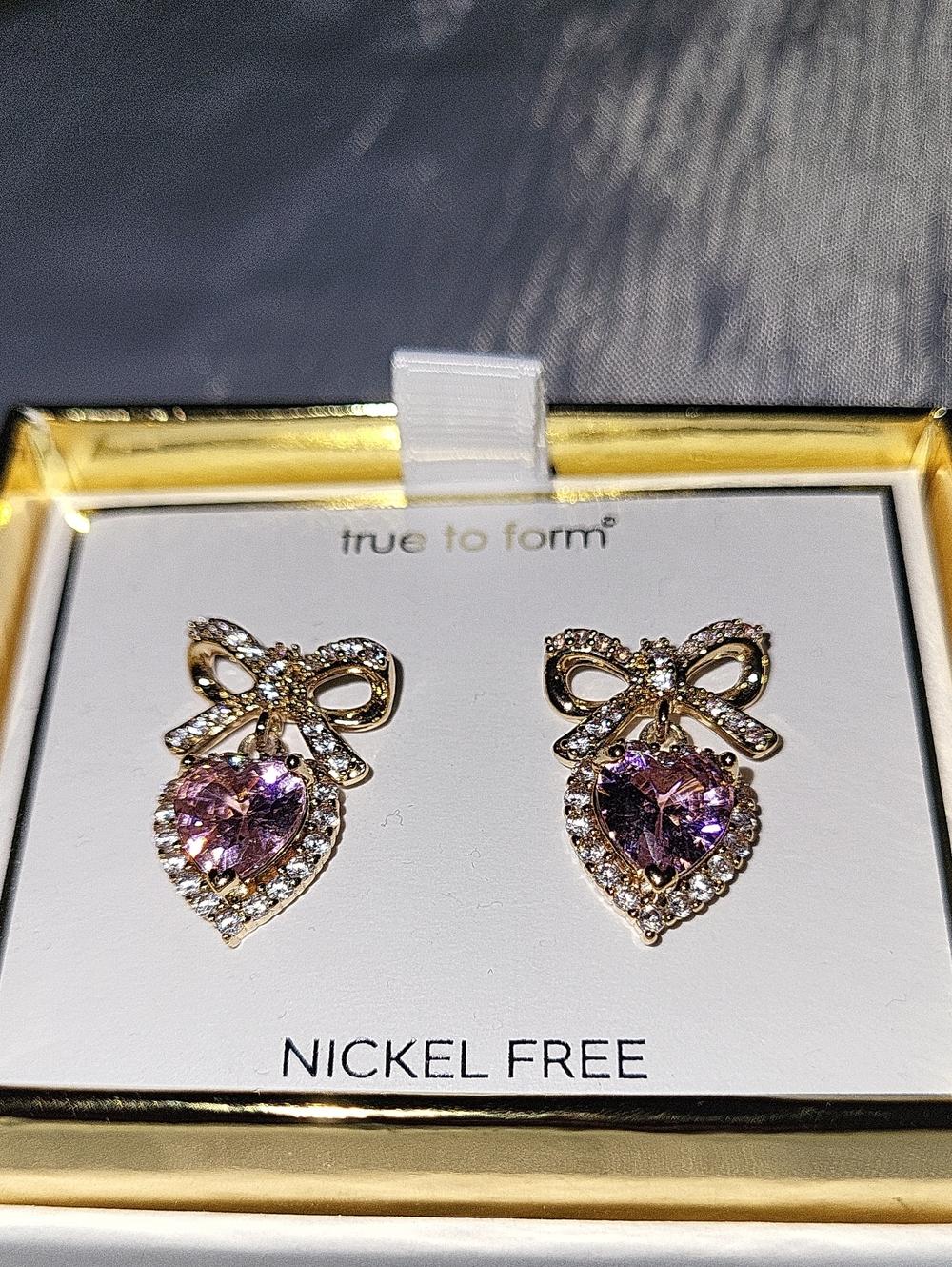 True To Form Gold Bow & Pink Heart Crystal Earrings Bnib